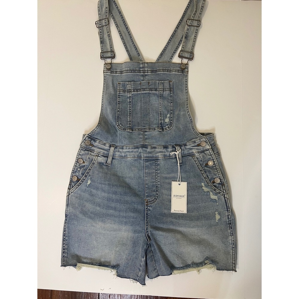 Judy Blue Women Light Wash Distressed Denim Short Overalls Raw Hem Size‎ L NEW